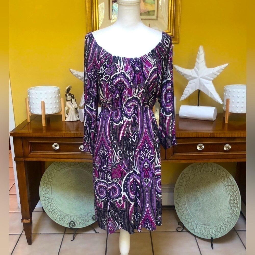 INC International Concepts Purple & White Paisley Empire Waist Dress Size Large - Picture 2 of 14
